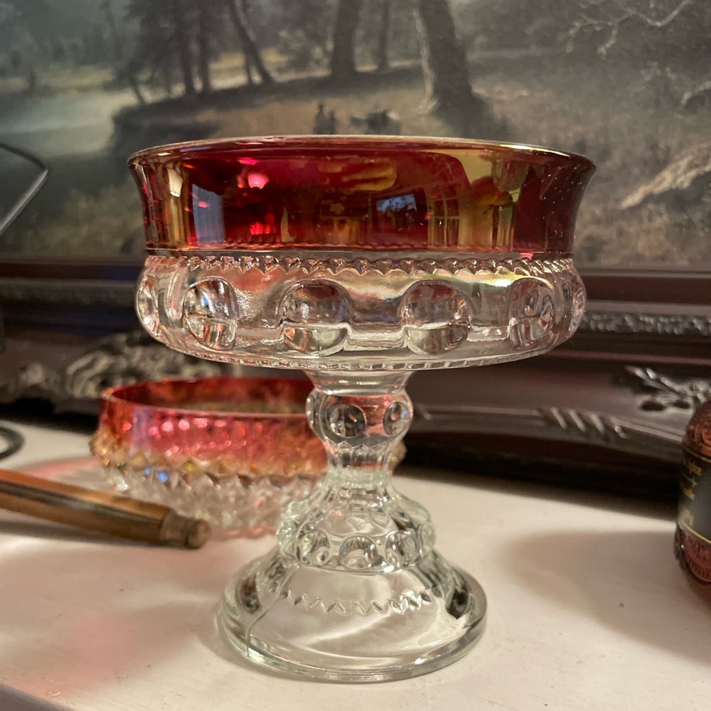 Vintage Indiana Glass Kings Crown Thumbprint Ruby Flash Glass Pedestal Compote